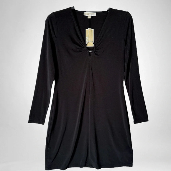 MICHAEL Michael Kors Black V-Neck Keyhole Dress Long Sleeve Medium - Picture 3 of 8